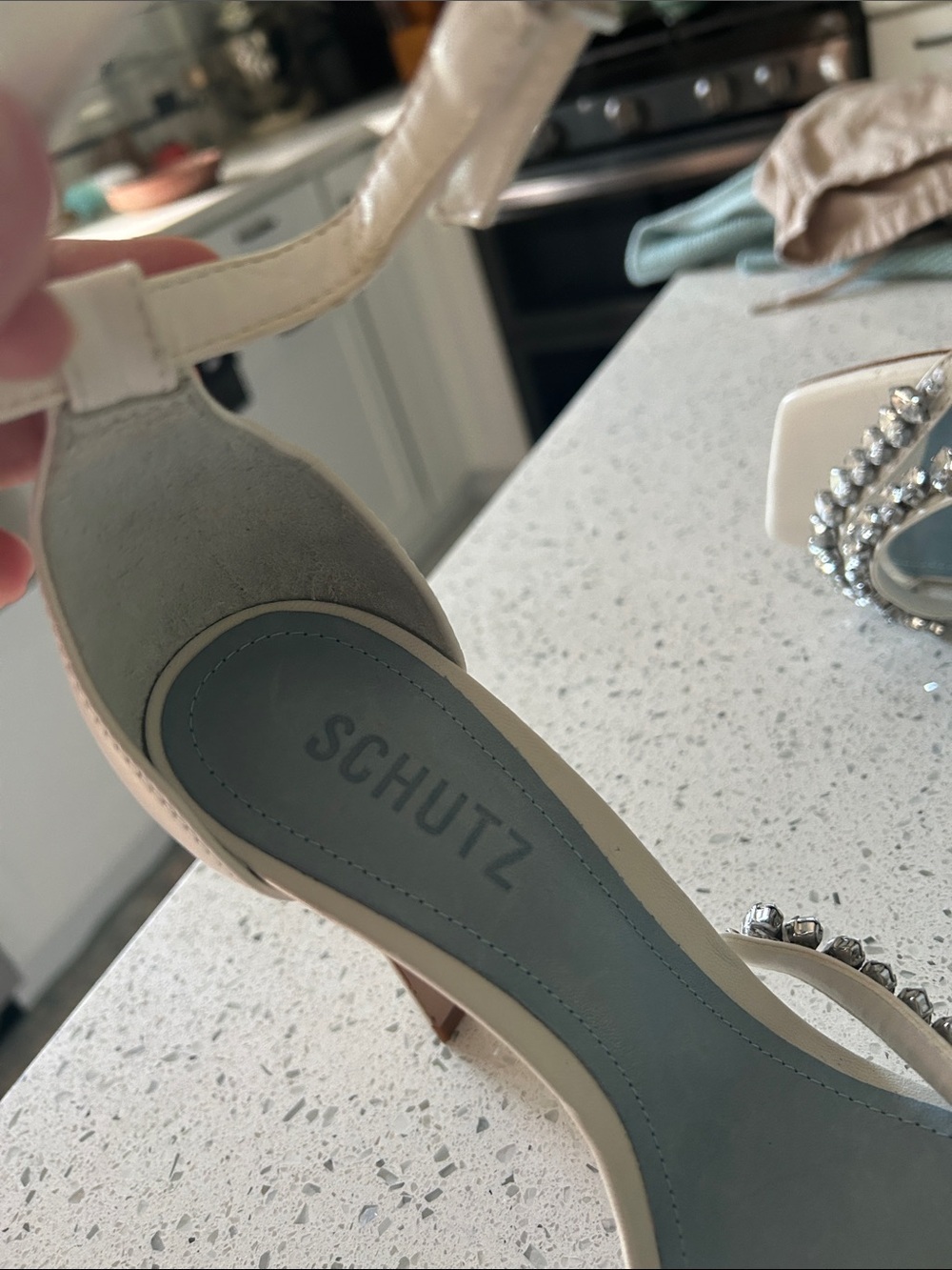 SCHUTZ Linsey White Leather Rhinestone Ankle Strap High Heel Stiletto Sandals 7 - Picture 10 of 13
